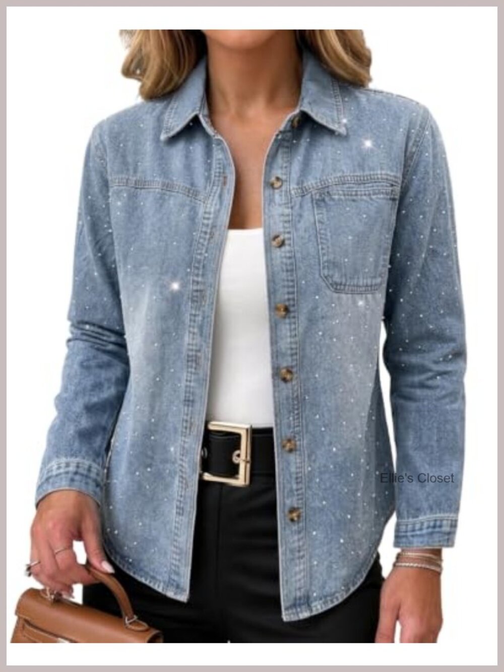 CHICME Rhinestone Embellished Washed Denim Shacket Oversized Womens